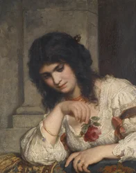 Dame an der Brüstung mit Rose